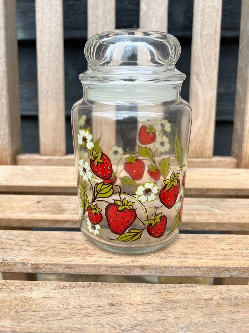 Vintage 70s anchor hocking strawberry blossom glass storage jar Triguba retro